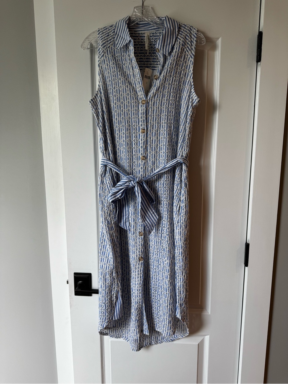 By Anthropology Sleeveless Blue & White Striped Shirt Dress with Tie Belt NWT